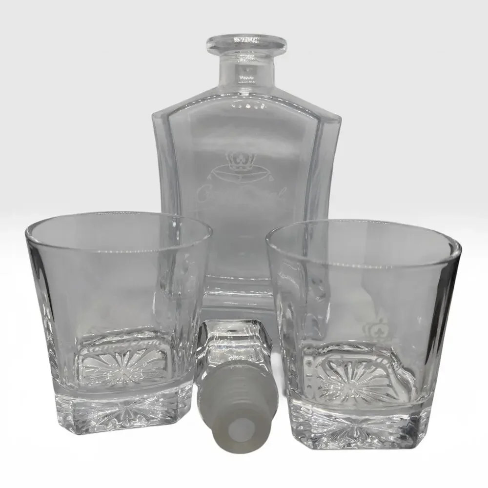 Official Crown Royal Etched Glass Decanter & Whiskey Glasses Set Barware